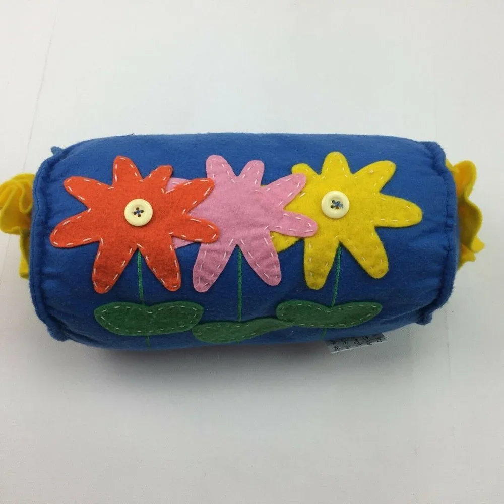 Home Decor Blue Felt Bolster Pillow Floral Red Pink Yellow Flowers Buttons